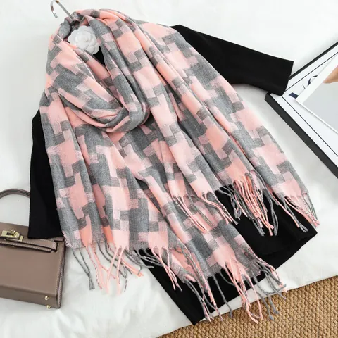 Écharpe Vintage Pied-de-poule pour Femme Carreaux Épaisse Chaude Châle à Glands Polyester Hiver pour Quotidien Travail