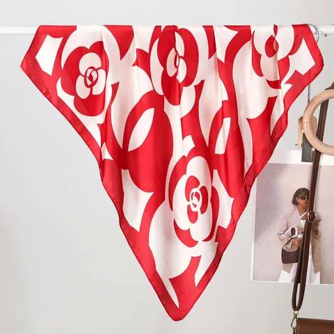 French Romantic Camellia Pattern Print Polyester Square Scarf For Women Elegant Satin Silk-Like Neck Scarf Uniform Decoration Shawl