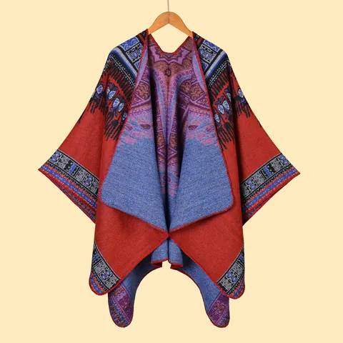 Mantella Poncho Donna Etnica Astratta Geometrica Effetto Cashmere Ispessita con Spacco Caldo Avvolgente Invernale