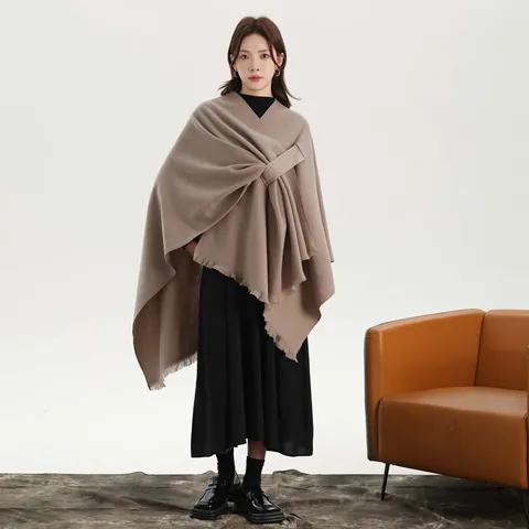 Damen Verdickt Kaschmir-Imitat Poncho Schultertuch Mit Quasten Und Bindeband Einfarbig Weich Gestrickt Wickelschal Mantel Für Winter Herbst