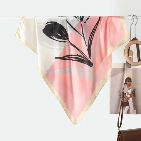 Women Satin Square Scarf Tulip Floral Print Small Neck Scarf Fashion Sun Protection Hair Scarf Uniform Accessory