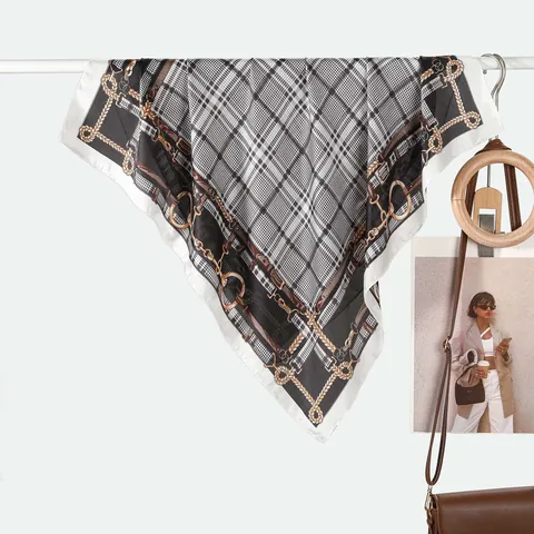 Dames Mode Satijn Vierkante Sjaal Hahnentritt Ketting Print Elegant Decoratieve Hals Hoofd Sjaal Voor Kantoor Dagelijks Gebruik