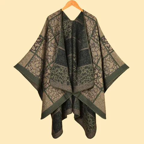 Damen Vintage Kaschmir-Ähnlicher Karo Poncho Schal Geometrisches Blumenmuster Vorne Offen Winter Warm Oversized Cardigan