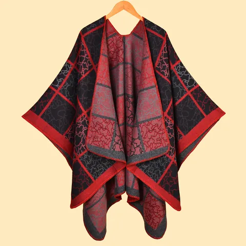 Damen Vintage Kaschmir-Ähnlicher Karo Poncho Schal Geometrisches Blumenmuster Vorne Offen Winter Warm Oversized Cardigan