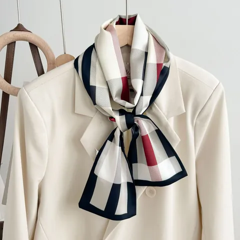 Women Fashion Satin Polyester Streamer Scarf Plaid Paisley Printed Narrow Neck Scarf Long Headband Hair Tie Bag Accessory