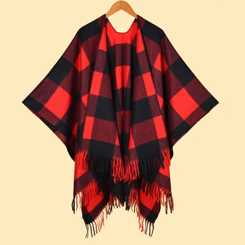 Femmes Châle Poncho Cape Glands Chaud Imitation Cachemire Décontracté Ouvert Devant Carreaux Mode Vêtement Extérieur Pour Automne Hiver