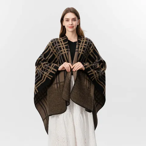 Châle Femme façon Cachemire à Carreaux Avec Motif Étoiles Franges Hiver Chaud Poncho Cape pour Femme
