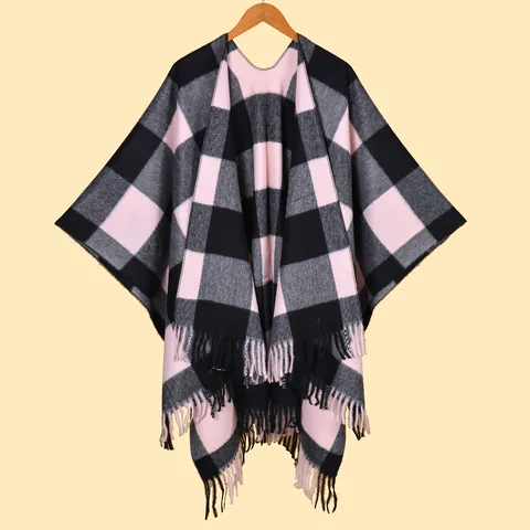 Femmes Châle Poncho Cape Glands Chaud Imitation Cachemire Décontracté Ouvert Devant Carreaux Mode Vêtement Extérieur Pour Automne Hiver