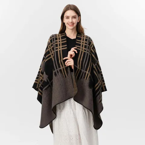 Châle Femme façon Cachemire à Carreaux Avec Motif Étoiles Franges Hiver Chaud Poncho Cape pour Femme