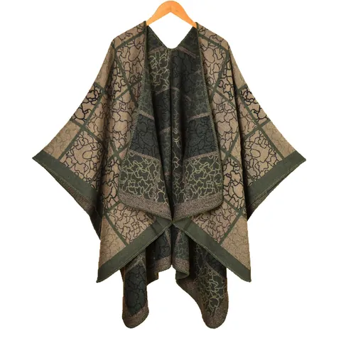 Poncho Châle à Carreaux Effet Cachemire Vintage pour Femmes Motif Floral Géométrique Ouvert sur le Devant Cardigan