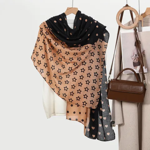 Écharpe Femme Imprimé Cœur et Pois Patchwork Légère en Polyester Mousseline Châle Long Élégant pour Plage Voyage Quotidien