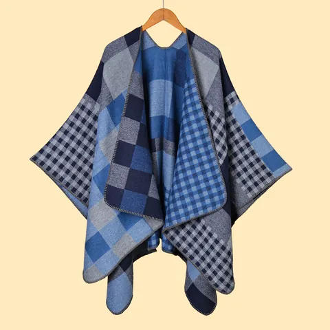 Poncho Chal para Mujer Vintage Cuadros Geométricos Capa Abierta Delantera Bloque de Color Efecto Cachemira Cálido para Viajes