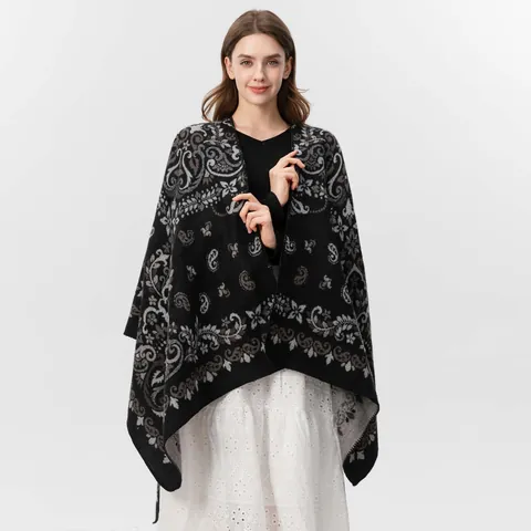 Women's Retro Paisley Jacquard Poncho Shawl Soft Imitation Cashmere Open Front Cloak Wrap Winter Travel Fashion Scarf