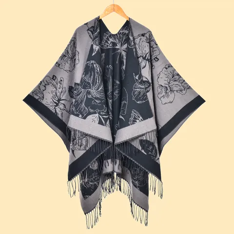 Scialle da Donna Vintage a Fiori in Tessuto Effetto Cashmere Poncho Con Nappine Fronte Aperto Reversibile Caldo Etnico Mantella per Inverno