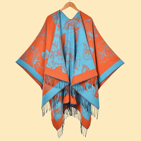 Scialle da Donna Vintage a Fiori in Tessuto Effetto Cashmere Poncho Con Nappine Fronte Aperto Reversibile Caldo Etnico Mantella per Inverno