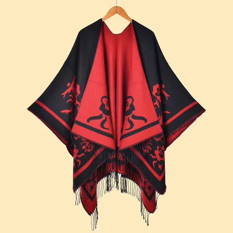 Women's Imitation Cashmere Vintage Floral Jacquard Shawl Wrap With Tassels Thick Oversized Split Poncho Cape For Winter