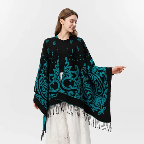 Women Paisley Poncho Shawl Faux Cashmere Double Sided Jacquard Open Front Cardigan Wrap Scarf With Tassels Vintage Ethnic
