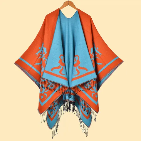 Women's Imitation Cashmere Vintage Floral Jacquard Shawl Wrap With Tassels Thick Oversized Split Poncho Cape For Winter