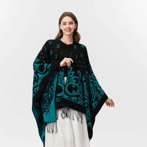 Women Paisley Poncho Shawl Faux Cashmere Double Sided Jacquard Open Front Cardigan Wrap Scarf With Tassels Vintage Ethnic
