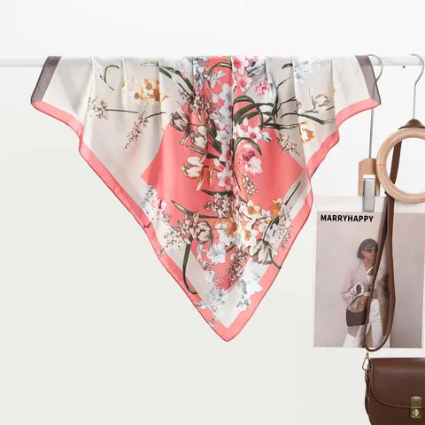 Women's French Style Floral Print Satin Square Scarf Elegant Silky Polyester Neck Scarf Headband Bag Decor Hair Accessories