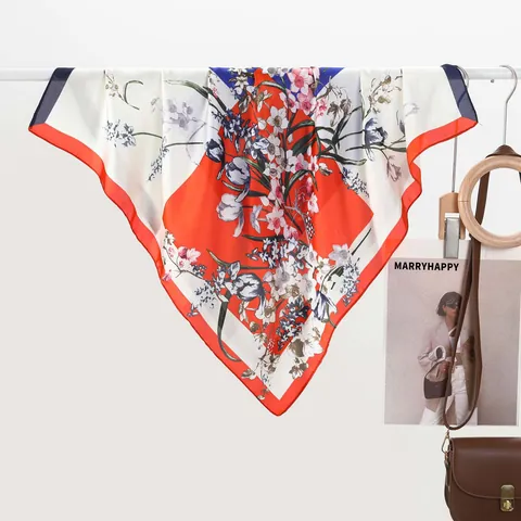 Women's French Style Floral Print Satin Square Scarf Elegant Silky Polyester Neck Scarf Headband Bag Decor Hair Accessories