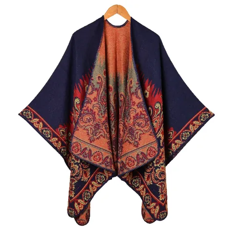 Women Bohemian Vintage Paisley Jacquard Thickened Warm Shawl Poncho Imitation Cashmere Split Front Wrap Cape Cardigan Fall Winter Scarf