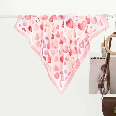 Women Satin Square Scarf Elegant Colorful Heart Print Silk Like Neck Scarf Fashion Hair Tie Handbag Accessory Decoration