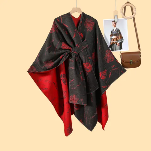 Châle Femme Romantique Français Motif Rose Poncho Chaud Imitation Cachemire Cape Jacquard Avec Sangles Latérales Accessoire Automne Hiver