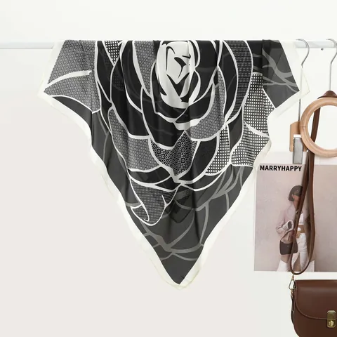 French Style Camellia Floral Print Satin Square Scarf Vintage Geometric Pattern Elegant Neck Kerchief Fashion Head Wrap Accessories For Women