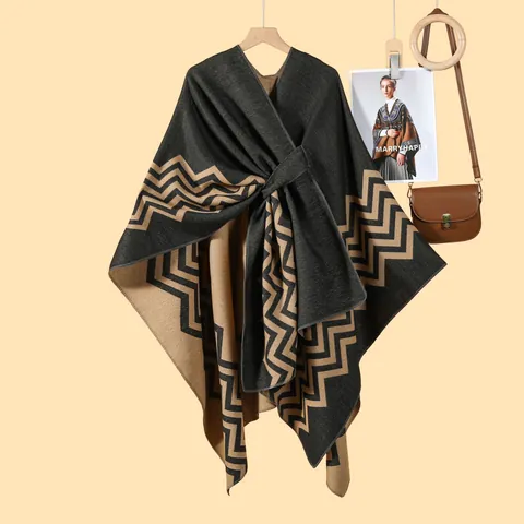 Chal de Punto Geométrico Ondulado para Mujer Capa Cárdigan Abertura Frontal con Cordones Otoño Invierno Cálido Poncho Efecto Cachemira