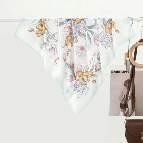 Women Elegant Floral Print Satin Square Scarf Polyester Decorative Head Scarf Neck Tie Bandana For Daily Travel Office
