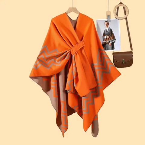 Chal de Punto Geométrico Ondulado para Mujer Capa Cárdigan Abertura Frontal con Cordones Otoño Invierno Cálido Poncho Efecto Cachemira