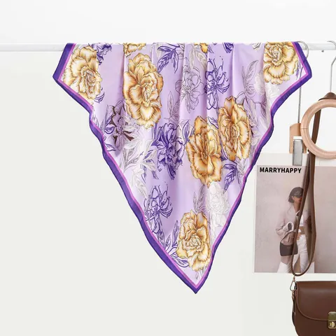 Women Elegant Peony Floral Print Satin Square Scarf Elegant Sun Protection Neck Scarf Luxury Hair Headscarf Travel Accessories
