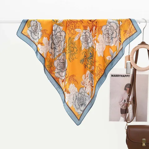 Women Elegant Peony Floral Print Satin Square Scarf Elegant Sun Protection Neck Scarf Luxury Hair Headscarf Travel Accessories
