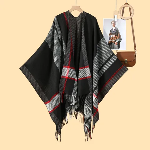 Damen Vintage Karomuster Poncho Quaste Kaschmir-Imitat Schal Übergroße Schlitz Vorne Offenes Cape Für Herbst Winter Warm Casual Wickel