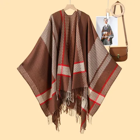 Damen Vintage Karomuster Poncho Quaste Kaschmir-Imitat Schal Übergroße Schlitz Vorne Offenes Cape Für Herbst Winter Warm Casual Wickel