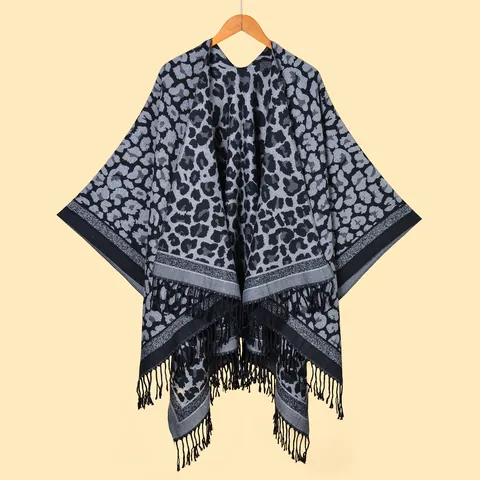 Chal de Punto con Estampado de Leopardo para Mujer con Borlas Poncho Abierto Hilo con Alma Capa de Punto con Flecos Cálida para Invierno