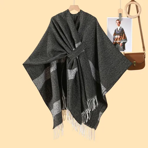 Women Fashion Imitation Cashmere Striped Shawl Poncho With Tassel Fringe Open Front Warm Winter Cloak Cardigan Travel Wrap Lady