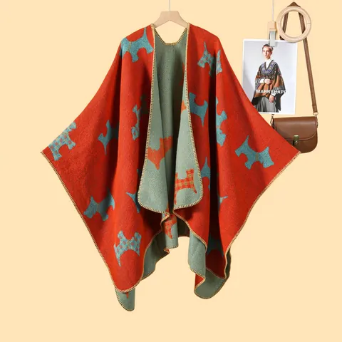 Donna Scialle Poncho in Maglia Fronte Retro Con Motivo Scottish Terrier Jacquard Caldo Mantella Invernale Cardigan