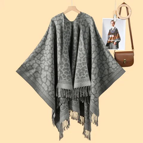 Chal de Punto con Estampado de Leopardo para Mujer con Borlas Poncho Abierto Hilo con Alma Capa de Punto con Flecos Cálida para Invierno