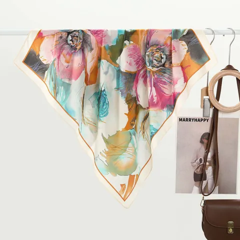 Vintage Chinese Style Lotus Flower Printed Satin Square Scarf For Women Elegant Fashion Floral Decorative Head Neck Scarf Accessories