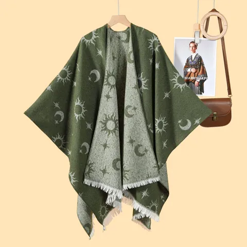 Scialle Bohemian Sole Luna Stelle in Simil Cachemire Jacquard Fronte-Retro Nappine Poncho Vintage Invernale Caldo Sciarpa