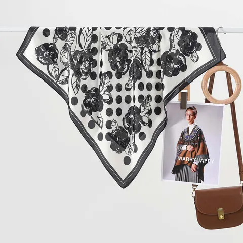 Pañuelo Cuadrado de Satén con Estampado Floral de Rosas y Lunares Vintage Francés para Mujer Elegante Pañuelo para el Cuello Accesorio de Moda