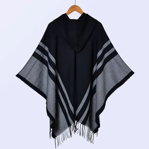 Women's Ethnic Hooded Striped Split Poncho Cape Soft Warm Imitation Cashmere Shawl With Tassels For Travel Camping Daily Use