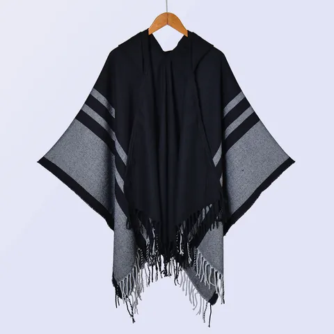 Women's Ethnic Hooded Striped Split Poncho Cape Soft Warm Imitation Cashmere Shawl With Tassels For Travel Camping Daily Use