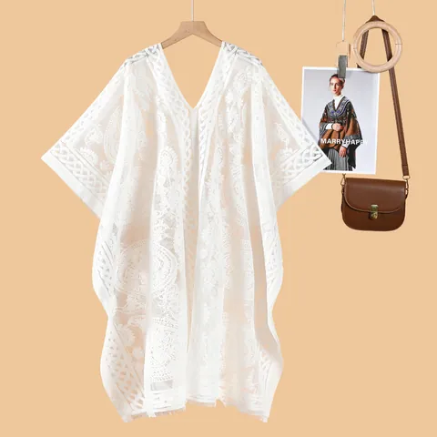 Cubre Traje de Baño de Playa con Cuello en V Encaje Bordado Crochet Calado Bikini Protección Solar Chal Bohemio Manga Murciélago