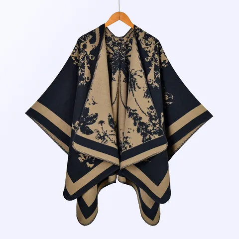 Women Vintage Butterfly Jacquard Poncho Shawl Warm Thick Imitation Cashmere Open Front Split Cape For Winter Autumn Travel