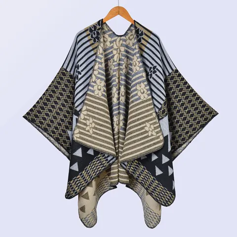 Women's Vintage Ethnic Knitted Poncho Shawl Bohemian Geometric Floral Jacquard Warm Imitation Cashmere Open Front Wrap Cape