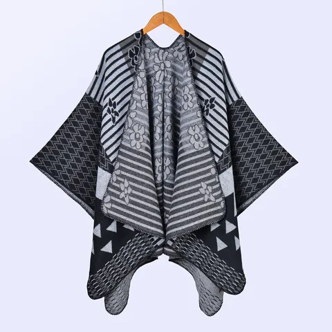 Women's Vintage Ethnic Knitted Poncho Shawl Bohemian Geometric Floral Jacquard Warm Imitation Cashmere Open Front Wrap Cape