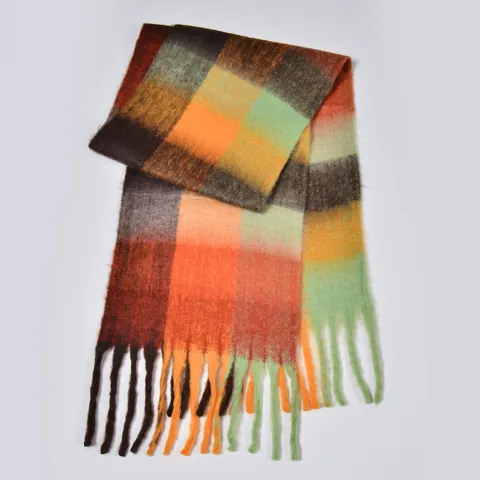 Women Men Winter Thickened Rainbow Plaid Scarf With Tassels Soft Warm Polyester Checkered Scarf For Everyday Wear Outdoor Commuting